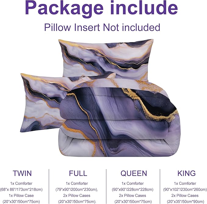 Purple Gold Marble Comforter Set King Size for Kids Women Men Modern Abstract Tie-Dye Purple Bedding Sets for Bedroom Decor Marbling Quilt Set with 1 Comforter + 2 Pillowcases