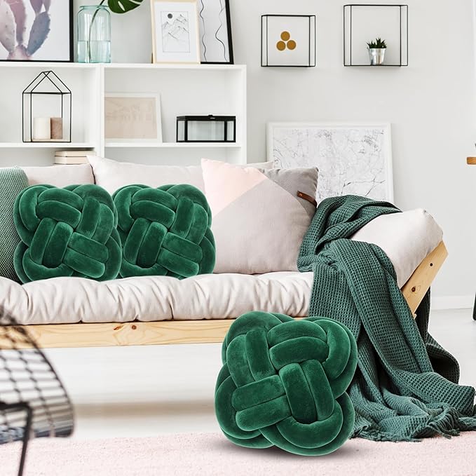2 Pcs Knot Pillow Balls Set, 12 Inch Soft Decorative Throw Knot Pillow Ball, Large Square Knotted Floor Cushion for Living Room Bedroom Sofa Couch Bed Home Decoration(Dark Green)