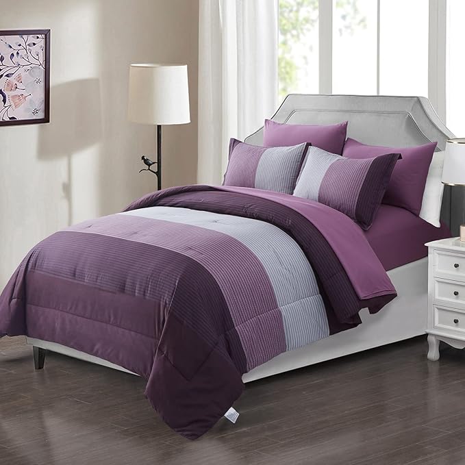 Anibedding Purple Comforter Set Queen 7 Pieces Purple Striped Bed in a Bag, Boho Patchwork All Season Comforter with Sheets, Soft Microfiber Reversible Bedding Set(90"x90")