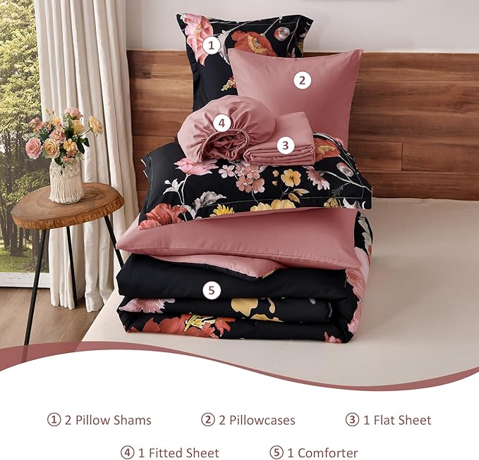 DJY Floral King Comforter Set - 7 Pieces Black & Blush Floral Bed in a Bag with Flower Leaves Pattern, Soft Microfiber Botanical Comforter and Sheet Set, All Season Bedding Set (104''x90'')