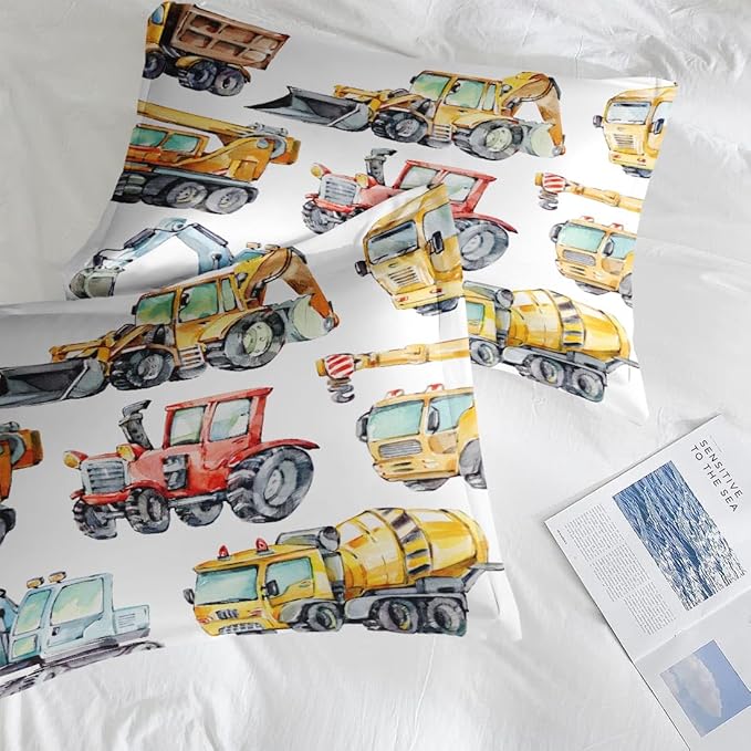 Colorful Car Trucks Construction Comforter Set for Boys Kids Toddlers Teens Queen, Red Tractor Excavator Bedding Sets Water Washed Microfiber Bedding with 1 Comforter 2 Pillowcase