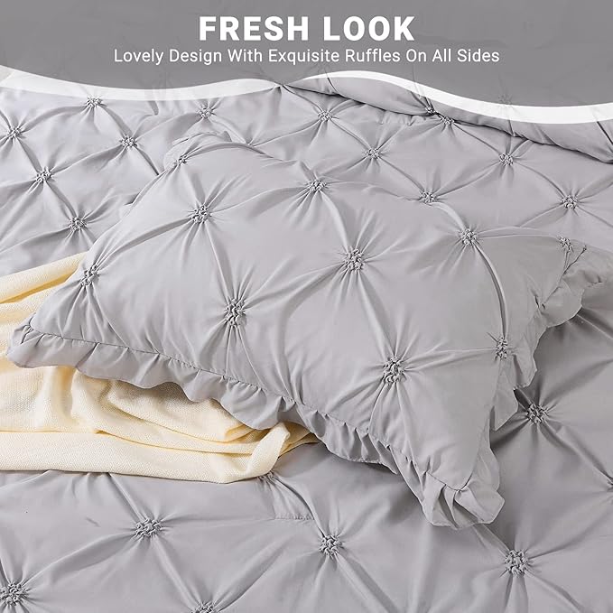 JOLLYVOGUE Gray Bed in a Bag Comforter Set for Bedroom, Pintuck Full Size Comforter Sets 7 Pieces,Beddding Sets with Comforter, Sheets,Ruffled Shams & Pillowcases