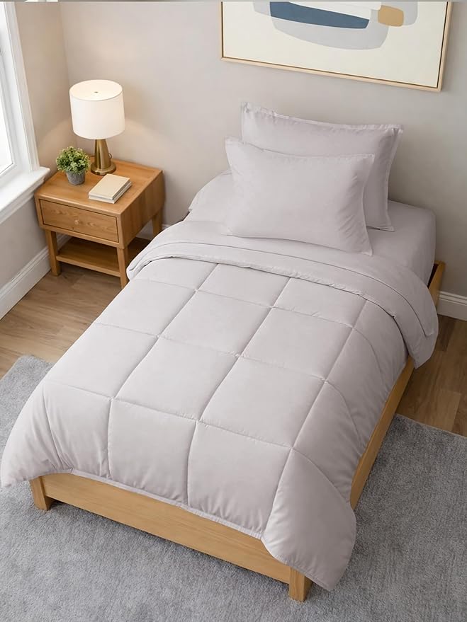 Twin Comforter Set - 5 Piece Bed in a Bag Twin Size Bed Set - Down Alternative Comforter, Flat Sheet, Fitted Sheet, Pillowcase & Sham for All Seasons - Ultra Soft, Comfy and Breathable - Light Grey