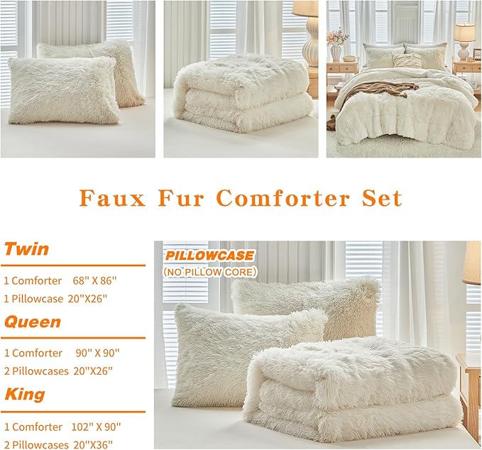 Faux Fur Shaggy Comforter Set Queen 3 Pieces - 1 Cream White Comforter Set with Sherpa and 2 Pillowcases, Ultra Soft and Easy Care Luxury Plush Shaggy Super Soft and Warm Beige Duvet Set