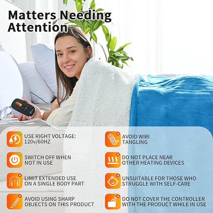 Heated Electric Blankets - Soft Flannel Heating Throw Electric Blanket with 6 Heat Settings Twin Size 62" × 84" Teal - Velvet & Sherpa