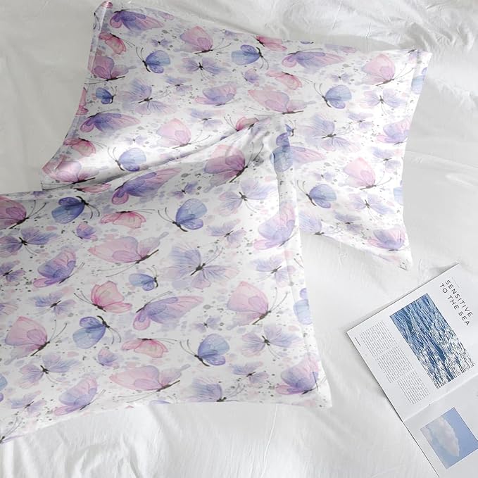 Comforter Set Full Size, Cute Lilac Pink 7 Pcs Bedding for Kids and Adults, Butterfly Cat Purple Bed Sheet Sets with Fitted Sheet 2 Pillowcases & 2 Shams for Bedroom Bed Decor