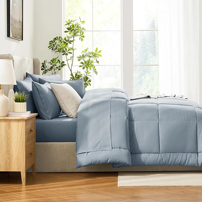 CozyLux Twin Comforter Set with Sheets Grayish Blue, 5 Pieces Bed in a Bag, Dusty Blue Comforter Twin Size, All Season Bedding Set with Stitch Quilted Comforter, Flat Sheet, Fitted Sheet, Pillowcases