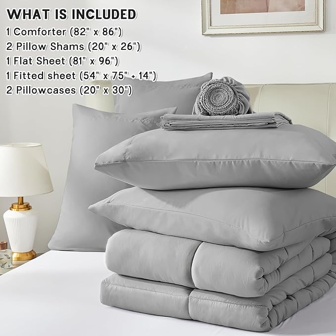Anluoer Full Comforter Set 7 Piece, Light Grey Bed in a Bag with Comforters, Pillow Shams, Pillowcases, Flat Sheet, Fitted Sheet