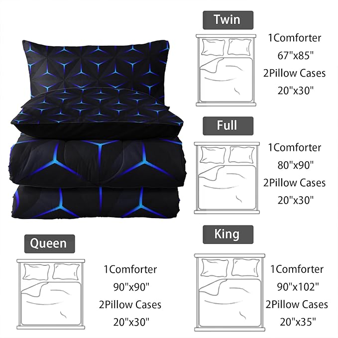Geometric Blue Argyle Comforter Set,Triangle Honeycomb 3 PCS Bedding Set Queen Size for Teen Adult,Modern Quilt Set Geometry Decor,Microfiber Lightweight 1 Comforter 2 Pillowcases