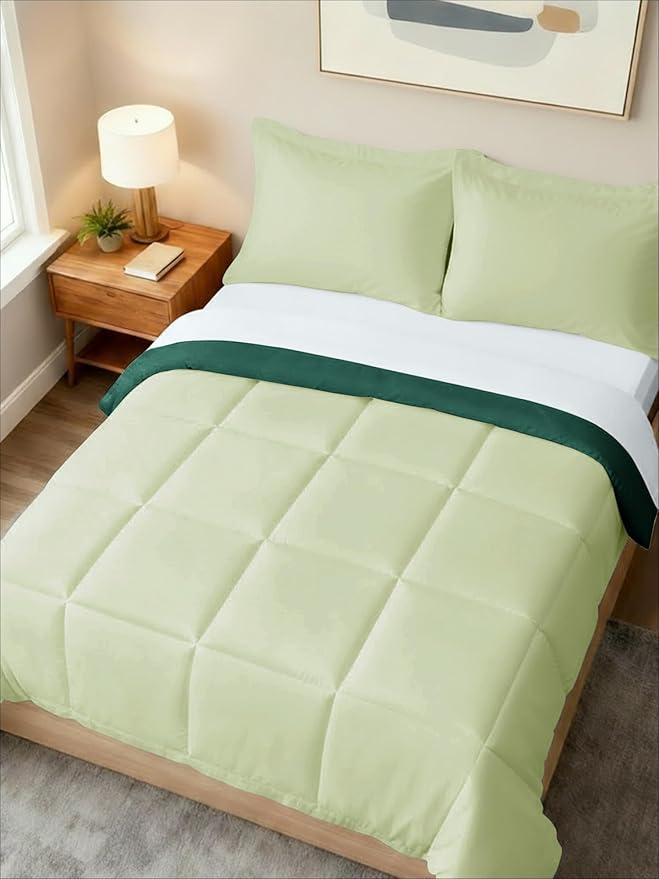 Queen Comforter Set - 3 Piece Bed Set for All Seasons - 1 Soft Quilted Comforter w/ Corner Tabs & 2 Pillow Shams - Comfy, Cozy & Breathable - Premium Down Duvet Insert - Queen Size, Emerald/Light Sage
