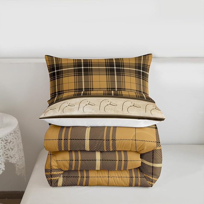 Ducks Silhouettes Kids Comforter Set Queen Size,Cartoon Animals Cute Bedding Set,Girls Boys Adults Bedroom Decor,Geometric Plaids Splicing Down Comforter,Brown Rustic Duvet Insert,2 Pillowcases
