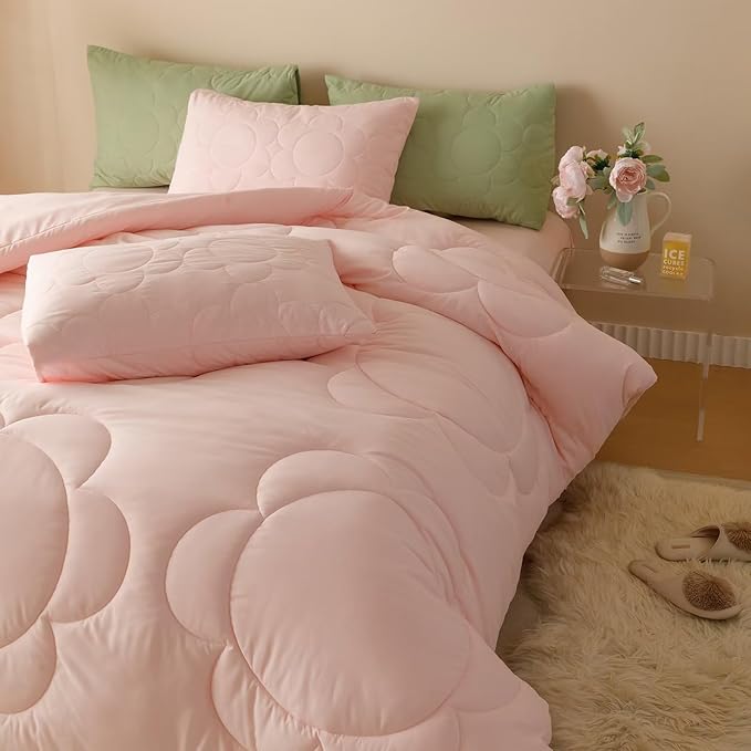Cottonight Pink Sunflower Comforter Set Full Blush Pink Floral Bedding Set Women Girls Boho Farmhouse Chic Blanket Quilts Soft Breathable Baby Pink Full Size 3 Piece Bedding Set for Full Bed