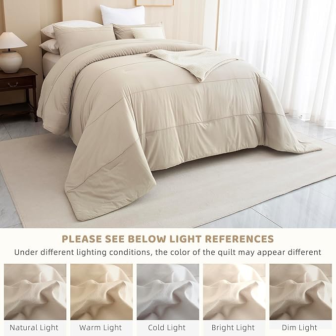 Sanracie Oversized King Comforter 128 * 120, Cotton Comforter King Size Extra Large Pinch Pleat Stripe Pattern,Solid Color Wheat Bedding Comforter Set Linen Feel Textured 3pcs Soft Neutral Bedding