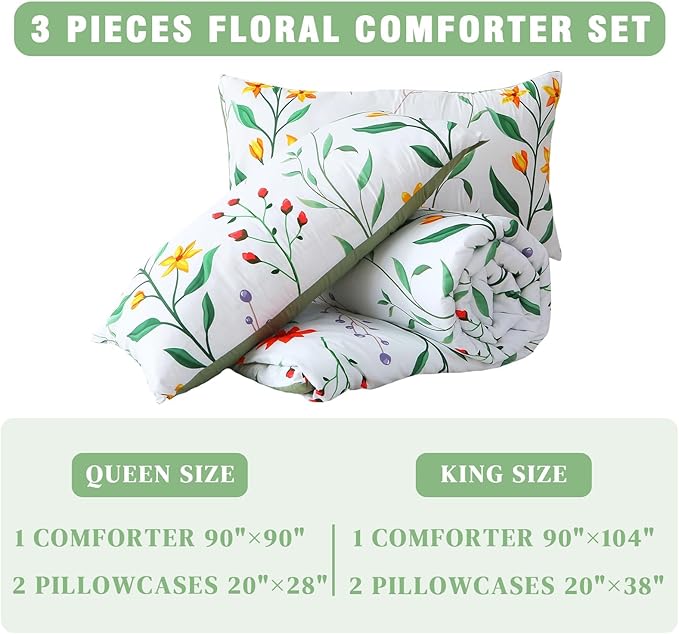 King Comforter Set Green 3 Pieces Bed in a Bag, Colorful Floral Bedding Sets Elegant Botanical Bed Set Lightweight Soft Comforter with 2 Pillowcases for All Season