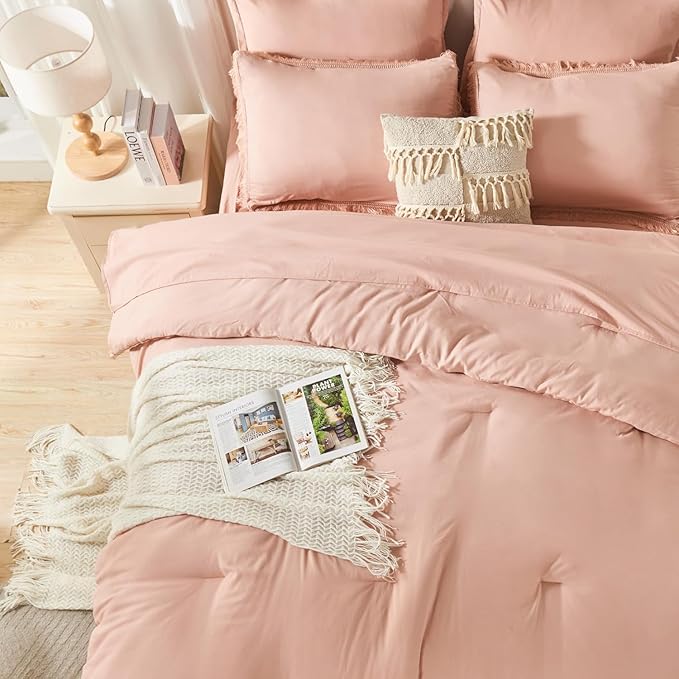 Andency Oversized King Comforter Set Pink 120x98-7 Pieces Boho Tassel Bed in a Bag Soft Lightweight Bedding Sets, Fringe All Season Bed Set with Comforter, Sheets, Pillowcases & Shams