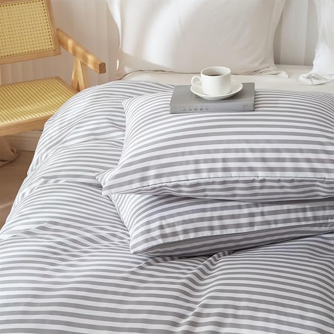 mixinni Striped Comforter Set Queen Size - Grey White Stripes Pattern Bed Set for Women and Men, 3 Pieces Lightweight Bedding Comforter Sets for All Seasons (1 Soft Fluffy Comforter + 2 Pillowcases)