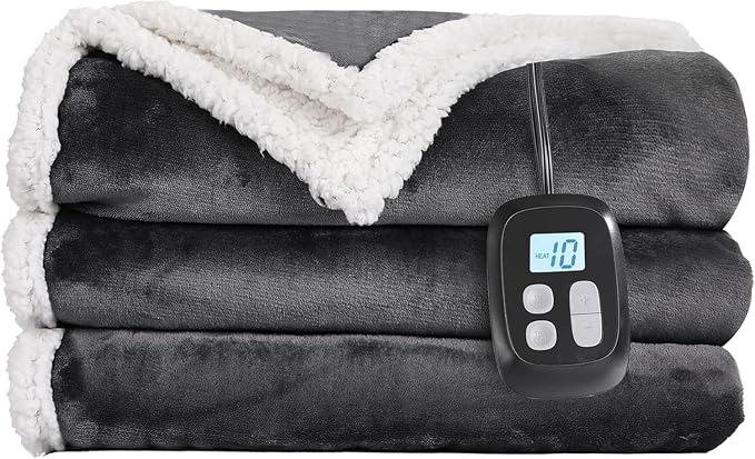 Electric Heated Blanket Twin Size 62"×84", Luxurious Breathable Flannel with 4 Heat Settings, 10-Hour Auto Shut-Off & Overheat Protection, for Bed & Couch, Cozy Gift - Iron Gray