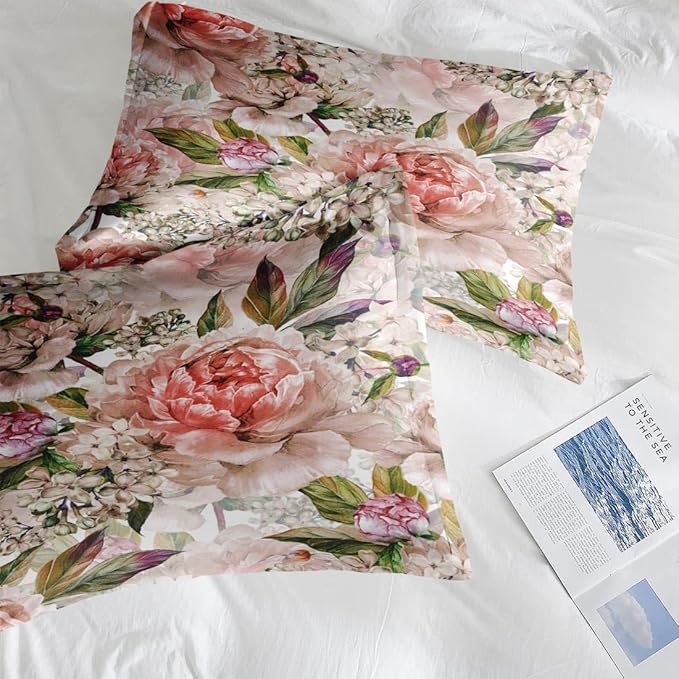 Comforter Set Full Size, Floral Rose Lilac 3 Pcs Soft Bedding Set for Kids and Adults, Green Leaves Botanical Comforter Set with 2 Pillowcases, for Bedroom Bed Decor