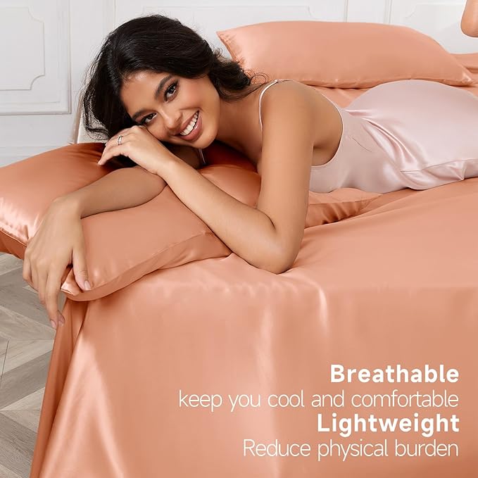 THXSILK Luxury Mulberry Silk Bed Sheets Set - 4pcs Silk Sheets Set 16" Deep Pocket - 1 Flat Sheet, 1 Fitted Sheet, 2 Pillowcases with Zipper Closure - Full, Peachy Pink