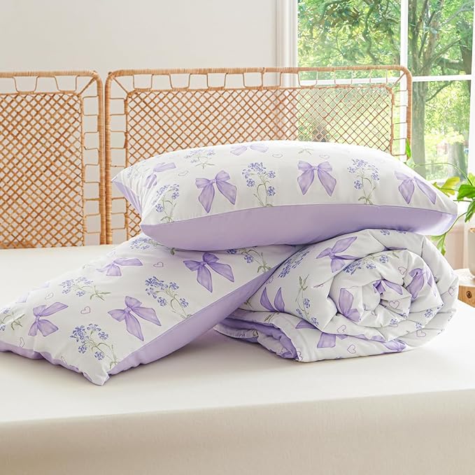 Purple Bow Comforter Set Full 3 Pieces Floral Bedding Set for Girls Kids, Romantic Princess Style Bowknot Bedding, Ultra Soft Microfiber Garden Flower Comforter Sets with 2 Pillowcases