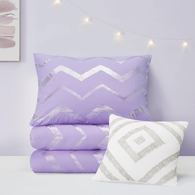 Codi Twin XL Bedding Set - Cute Purple Bed Set, Metallc Print Comforter - 3 Piece Sets for Girls, Includes 1 Comforter, 1 Decorative Pillow, and 1 Pillow Case - All Season, Lightweight and Warm