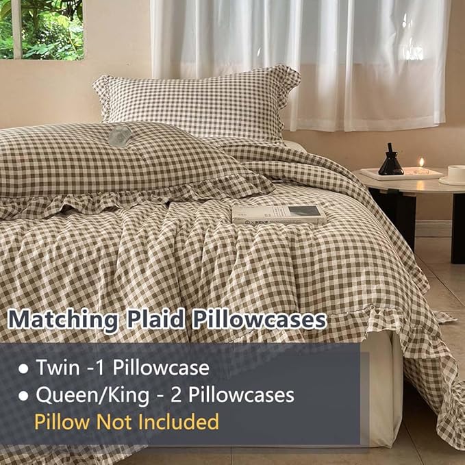 NSNLGSGC Tan Ruffle Gingham Comforter Set Twin, Pre-Washed Ruffled Taupe Plaid Checked Comforter Bedding, 2 Pieces Vintage Farmhouse Grid Bedding Set(Tan Gingham, Twin)