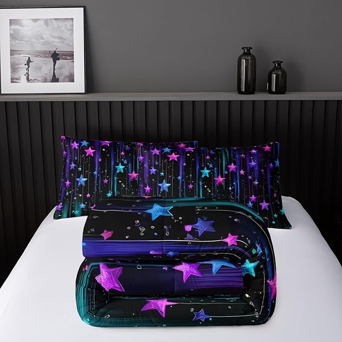 Colorful Stars Comforter Set Twin Size,Galaxy Starry Printed Bedding Set for Men Women Adults,Colorful Stars Room Decor with Soft and Lightweight Comforter and 2 Pillowcases