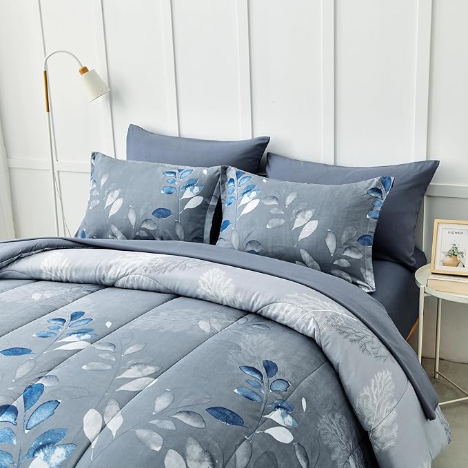 Anibedding Blue Comforter Set Queen Size 7 Piece Navy Botanical Gradient Leaves Ultra Soft Microfiber Down Alternative Bedding Set Lightweight Reversible Bed Comforter Set for All Season 90" x 90"