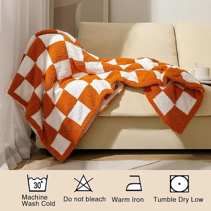 MorroMorn Checkered Blanket for Couch Bed, Orange Throw Blanket 2-Layers Soft Cozy Fleece Plaid Blankets Checkerboard Grid - Fluffy Fuzzy Plush Warm Fall Decor Mothers Birthday Gifts, 60x80 inches