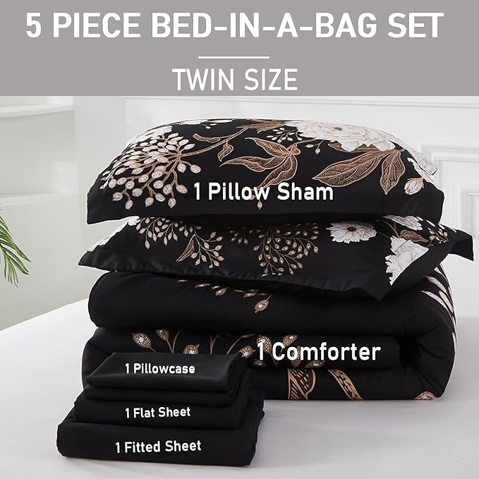 Yogeneg 5 Piece Bed in a Bag Twin Size Comforter Set Botanical Floral Bedding Set,White Flower Leaves Printed on Black Reversible Design,Soft Microfiber Comforter with Sheet Set,All Season(Black,Twin)