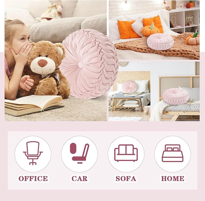 1 Pcs Round Throw Pillows Decorative Velvet Pleated Throw Pillows 15'' Diameter Accent Pumpkin Boho Chair Cushion for Couch Sofa Chair Bed Home Decoration (Pink)