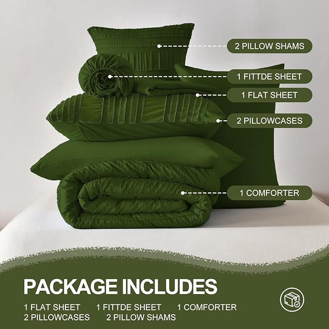 Dark Green Tufted Textured Comforter Set Queen Size, 7 Piece Bed in a Bag,Shabby Chic Boho Bedding for Bedroom Comforter,All Season Soft Microfiber Ruffle Comforter Set with Pillow and Sheets
