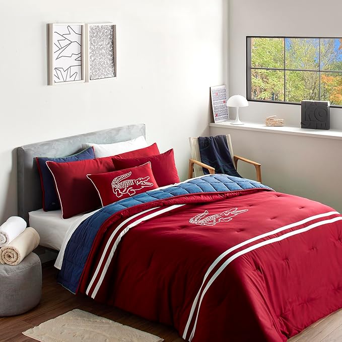Lacoste Big Croc Decorative Pillow – 16" x 24" Throw Pillow for Bed Sofa Couch, Embroidered Crocodile Logo, 100% Brushed Twill Cotton Cover Fabric, Machine Washable, Rio Red