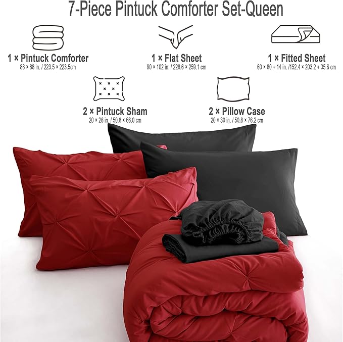 Ubauba 7pc Queen Size Comforter Set with Sheets, Pintuck 7 Piece Bedding Comforters Bed in a Bag for All Season, Pinched Pleat Bed Set with Comforter (Red and Black,Queen)