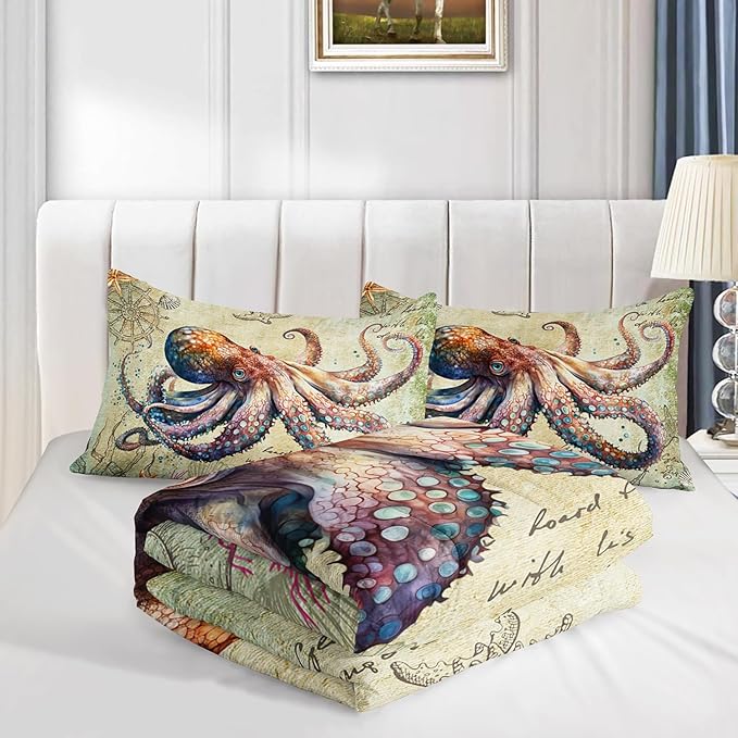 Retro Octopus Comforter Set Queen Size 3Pcs Nautical Coastal Compass Bedding Set Starfish Jellyfish Seaweed Quilt Bed Set for Boys Girls with 1 Comforter and 2 Pillowcases