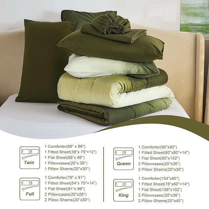 Dinjoy Ombre Comforter Set Queen Size, 7-Piece Bed in a Bag for All Season, Pintuck Colorful Rainbow Bedding Sets with Comforter, Flat Sheet, Fitted Sheet and Pillowcases & Shams, Green