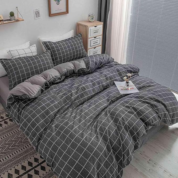 Faincy Queen Comforter Set, Grey Grid Gray Plaid Geometric Pattern Reversible Comforter - Size 90 x 90 3PCS Soft Microfiber Duvet Sets Modern Cottage Preppy Decor Bedding in a Bag for Women Men Teen