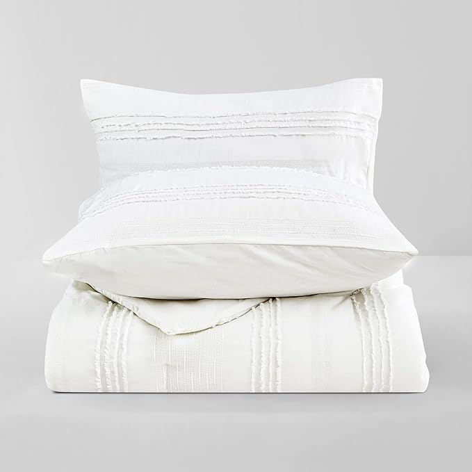 Wonderful White Comforter Set King, Clipped Jacquard Striped Cotton Lightweight Comforter with Pillow Shams, Fluffy Bedding Set for All Season