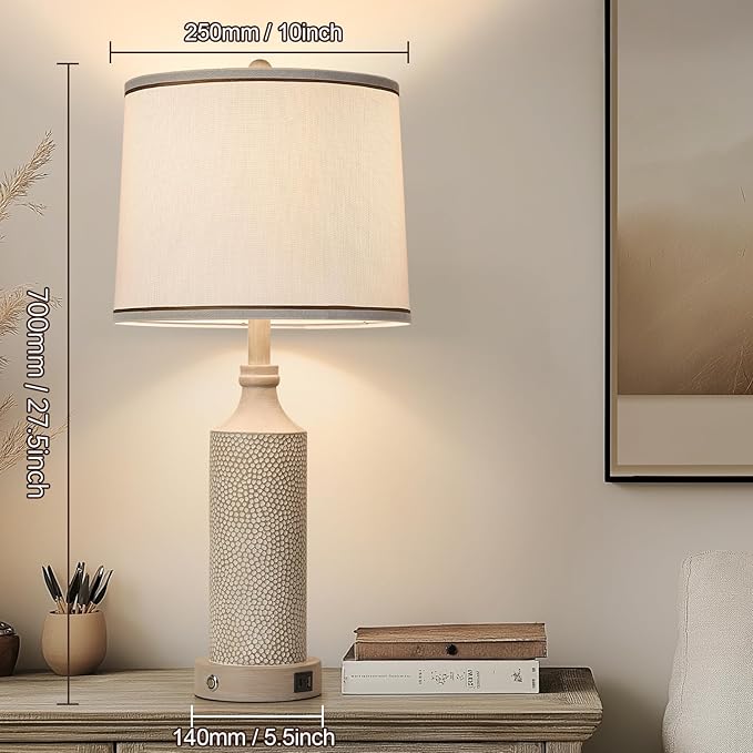 AIDENOEY 27.5" H 3-Way Dimmable Touch Control Table Lamp with USB A+C Ports, Vintage Washed White Finish Resin Bedside Farmhouse Table Lamp Set of 2,for Living Room,Bedroom,Office