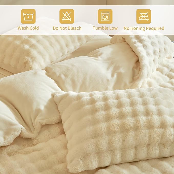 Tokokimo Faux Fur Comforter Set King Size, Ultra Soft Reversible Heavyweight Fluffy Bedding, Extra Warm Winter Comforter with 2 Pillow Cases, All Season Fuzzy Comforter Set, Beige