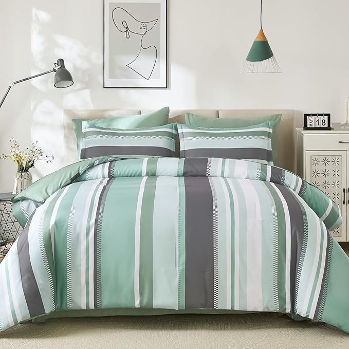 WONGS BEDDING Green Comforter King Size Set, 7 Pieces Bed in a Bag Green and Grey Comforter Set, Soft Boho Striped Bedding Sets with Sheets, Pillowcases & Shams