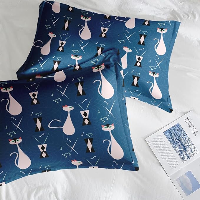 Comforter Set Twin Size, Musical Cat Blue 2 Pcs Soft Bedding Set for Kids and Adults, Pink Green Mid Century Comforter Set with Pillowcase, for Bedroom Bed Decor