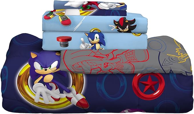 Franco Sonic The Hedgehog Anime Kids Bedding Super Soft Comforter and Sheet Set with Sham, 7 Piece Queen Size, (Official Licensed Product)