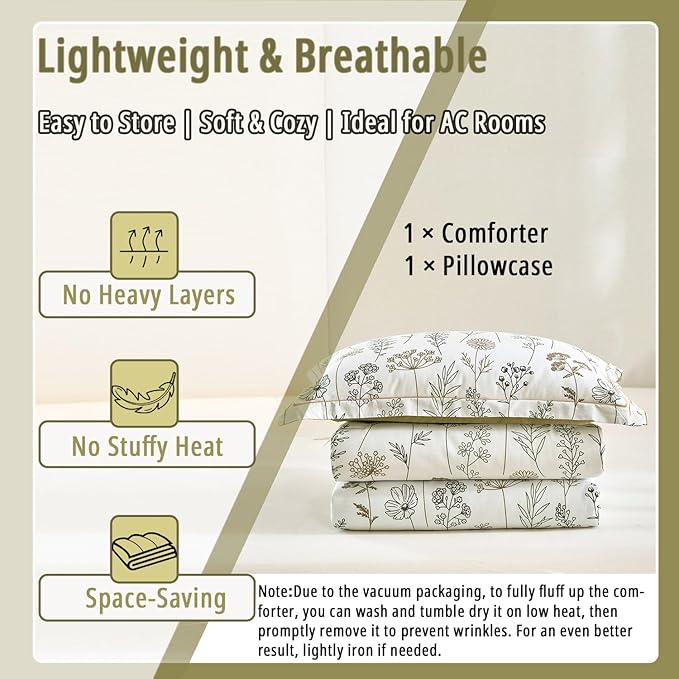 White Botanical Cotton Comforter Twin Size - 2PC Lightweight Bedding Sets with Down Alternative Fill, Luxurious Pale Mustard Reversible Design (1 Comforter, 1 Pillowsham)