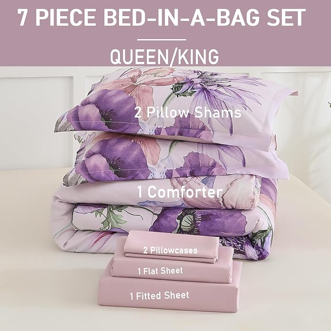 Yogeneg King Size Comforter Set 7 Piece Bed in a Bag,Elegant Floral Botanical Pattern Purple Bedding Set,Soft Microfiber Comforter with Sheet Set,All Season Bed Set(Purple Floral,King)