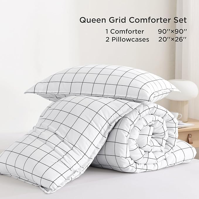 Andency Queen Comforter Set White Gingham, Plaid Grid Checkered Bedding Comforter Set Queen Size, 3 Pieces Lightweight Reversible Geometric Modern Bedding Set(90x90 Inch)