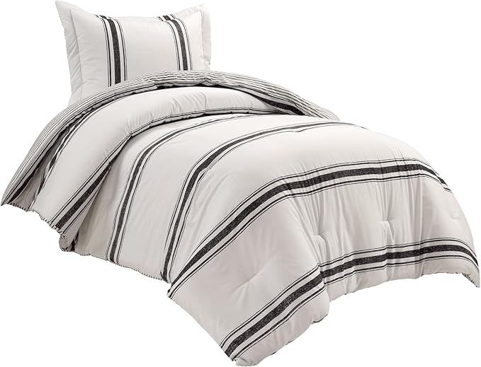Lush Decor Farmhouse Stripe Reversible Cotton Comforter Set, 2-Piece, Twin XL Black - Twin Bedding Set - Dorm Decor - Striped Comforter for Farmhouse Bedroom Decor