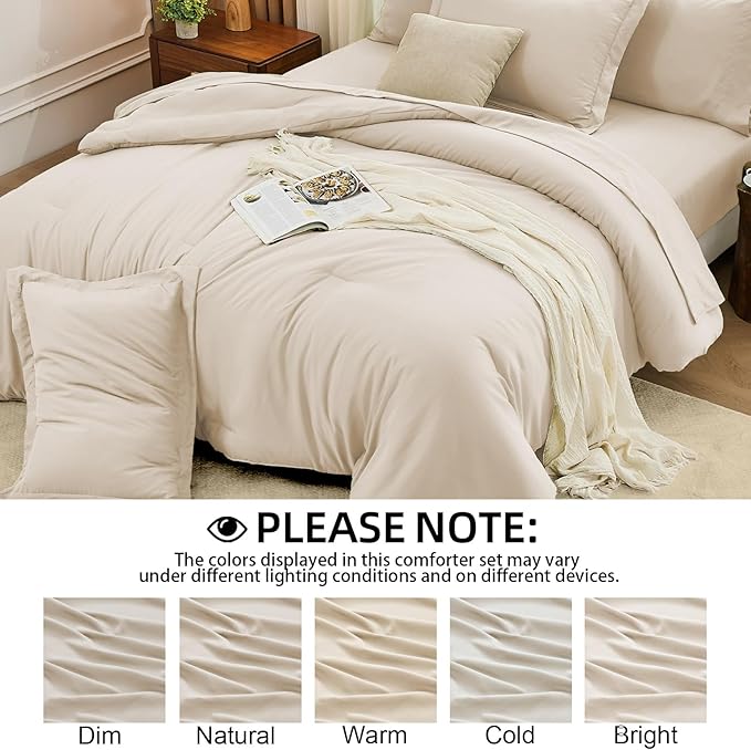 FUANNA Twin Comforter Set Beige, 5 Pieces Soft Twin Size Bedding Sets, All Season Lightweight Bed in a Bag with Comforter, Flat Sheet, Fitted Sheet, Pillowcase & Sham
