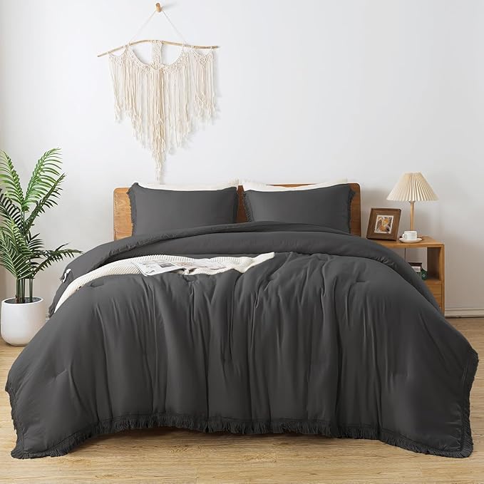 Andency Oversized King Size Comforter Set Dark Grey 128x120, 3 Pieces Boho Soft Lightweight Bedding Comforter Sets, Tassel All Season Bed Set (1 Comforter & 2 Pillowcases)