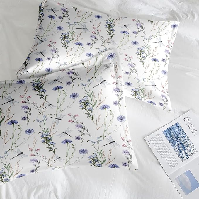 Comforter Set Full Size, Botanical Flower Dragonfly 7 Pcs Bedding for Kids and Adults, Herb Plant Wildflowers Bed Sheet Sets with Fitted Sheet 2 Pillowcases & 2 Shams for Bedroom Bed Decor
